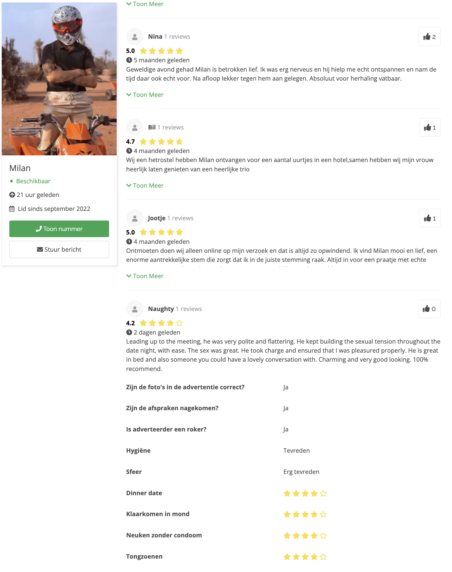 Reviews gigolo Milan: 5.0 sterren van Nina en 4.2 sterren van Naughty - Tevreden klanten