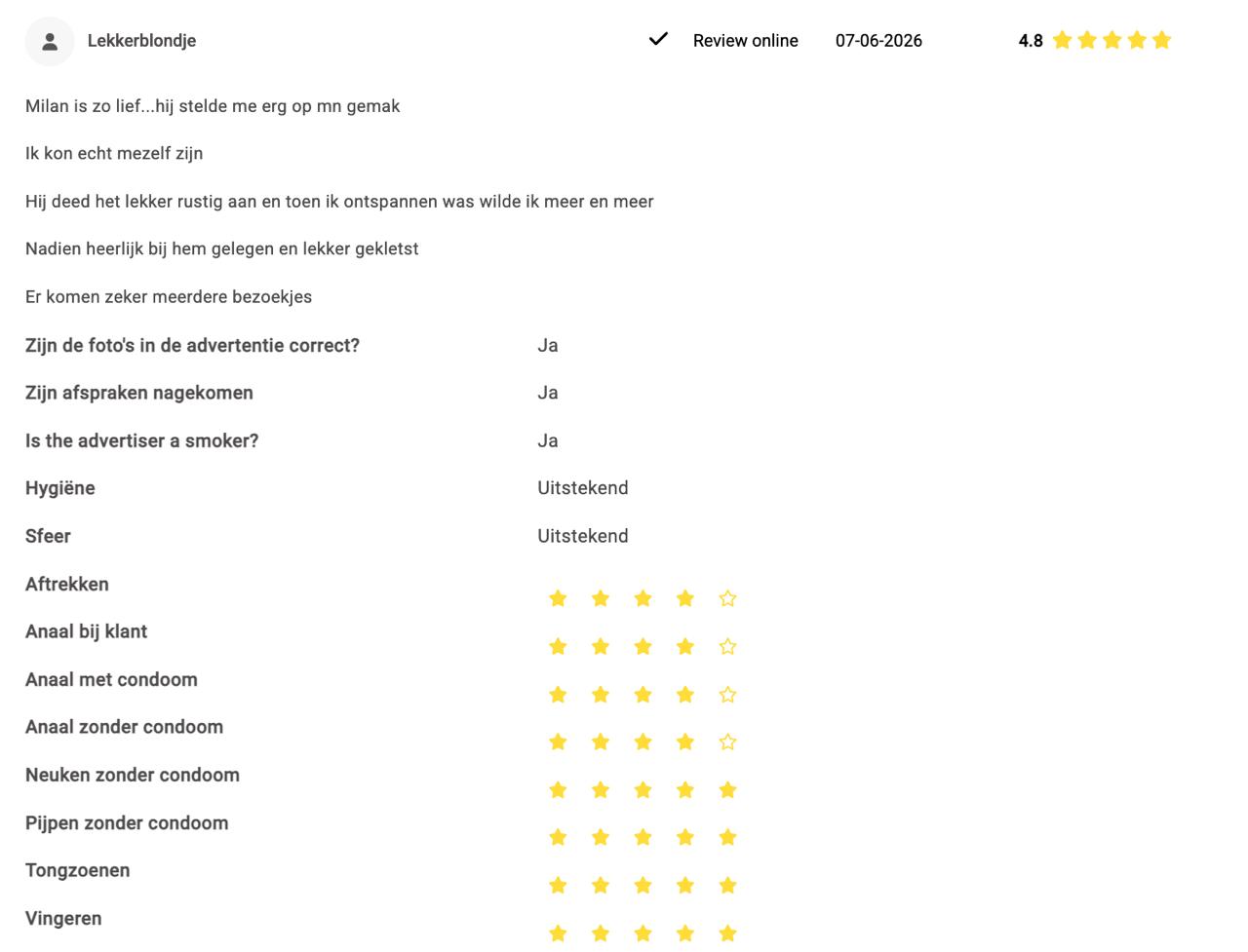 Gigolo Milan heeft op 07-06-2026 weer een nieuwe review gekregen