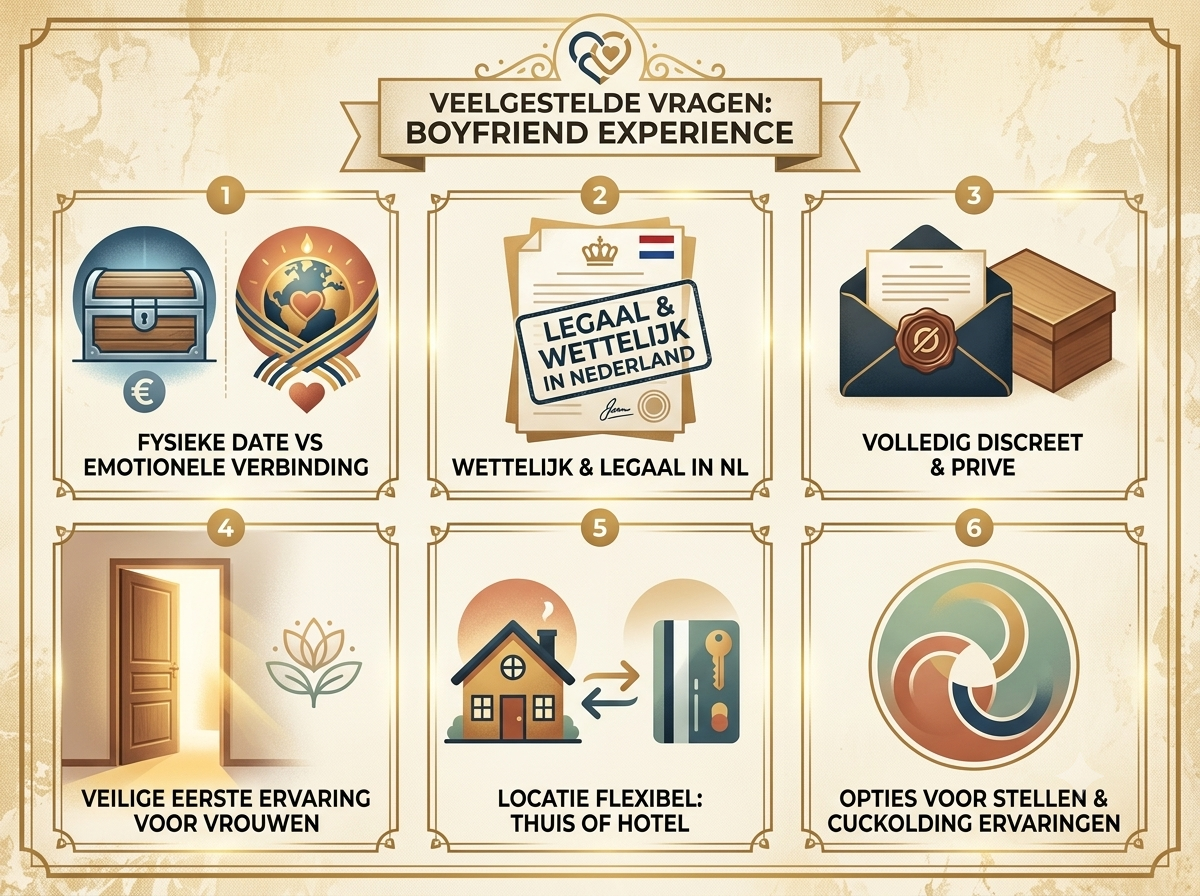 Infographic met veelgestelde vragen over de Boyfriend Experience in Nederland, opgedeeld in 6 punten over emotionele verbinding, legaliteit, discretie, veiligheid en flexibele locaties.
