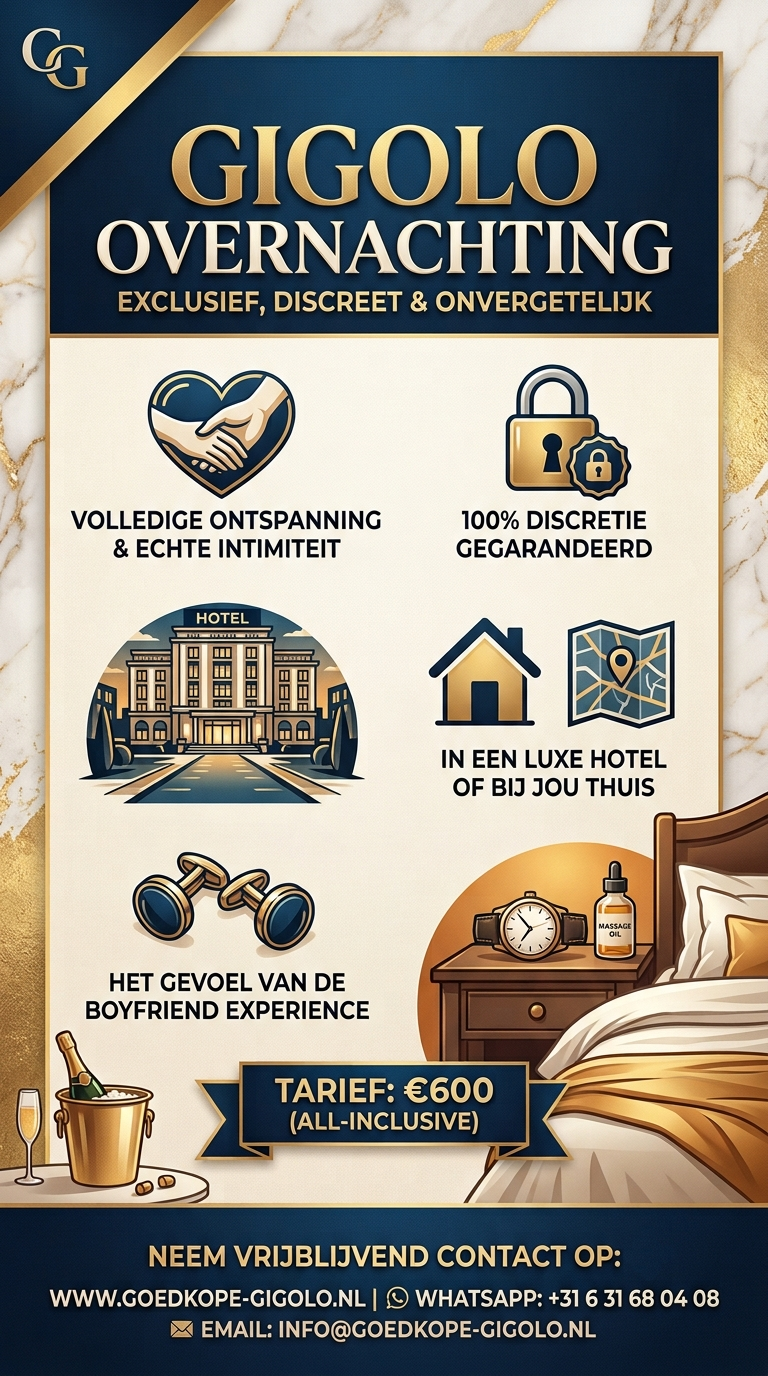 Infographic poster over een gigolo overnachting met informatie over tarieven, honderd procent discretie, luxe hotels of bij jou thuis en het gevoel van de boyfriend experience.