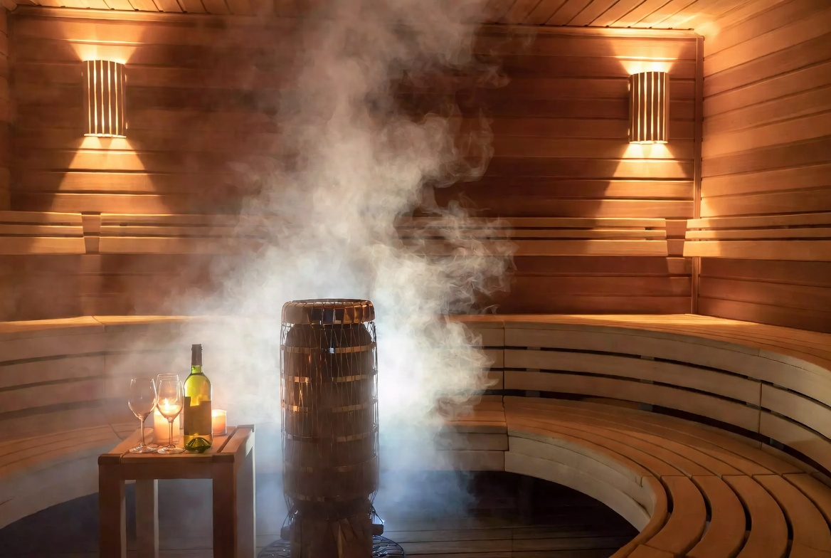 Privésauna met stoom, warm licht en wijn – intieme sfeer