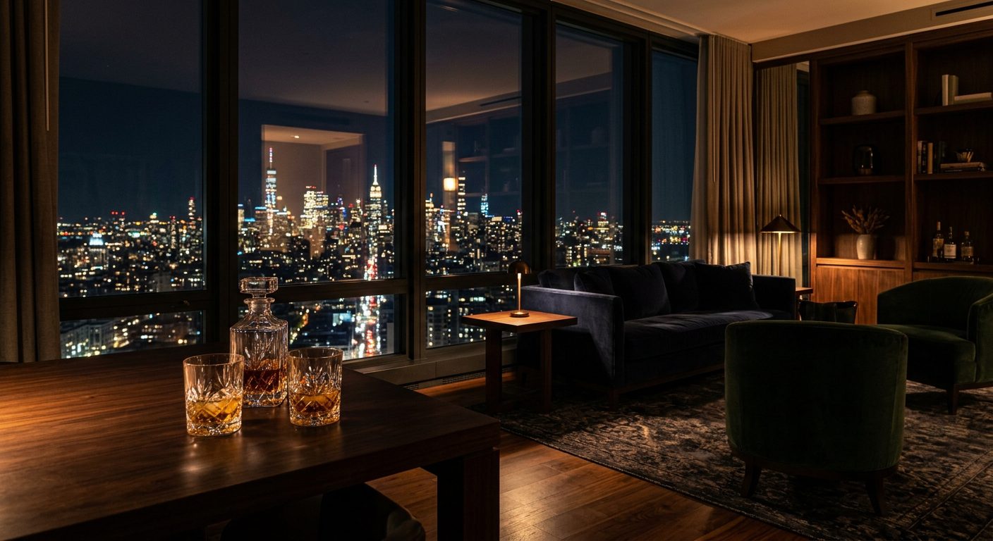 Luxe penthouse hotel suite met panorama-uitzicht over de stad bij nacht, whiskyglazen op tafel – discrete setting van een high-class gigolo arrangement met Milan