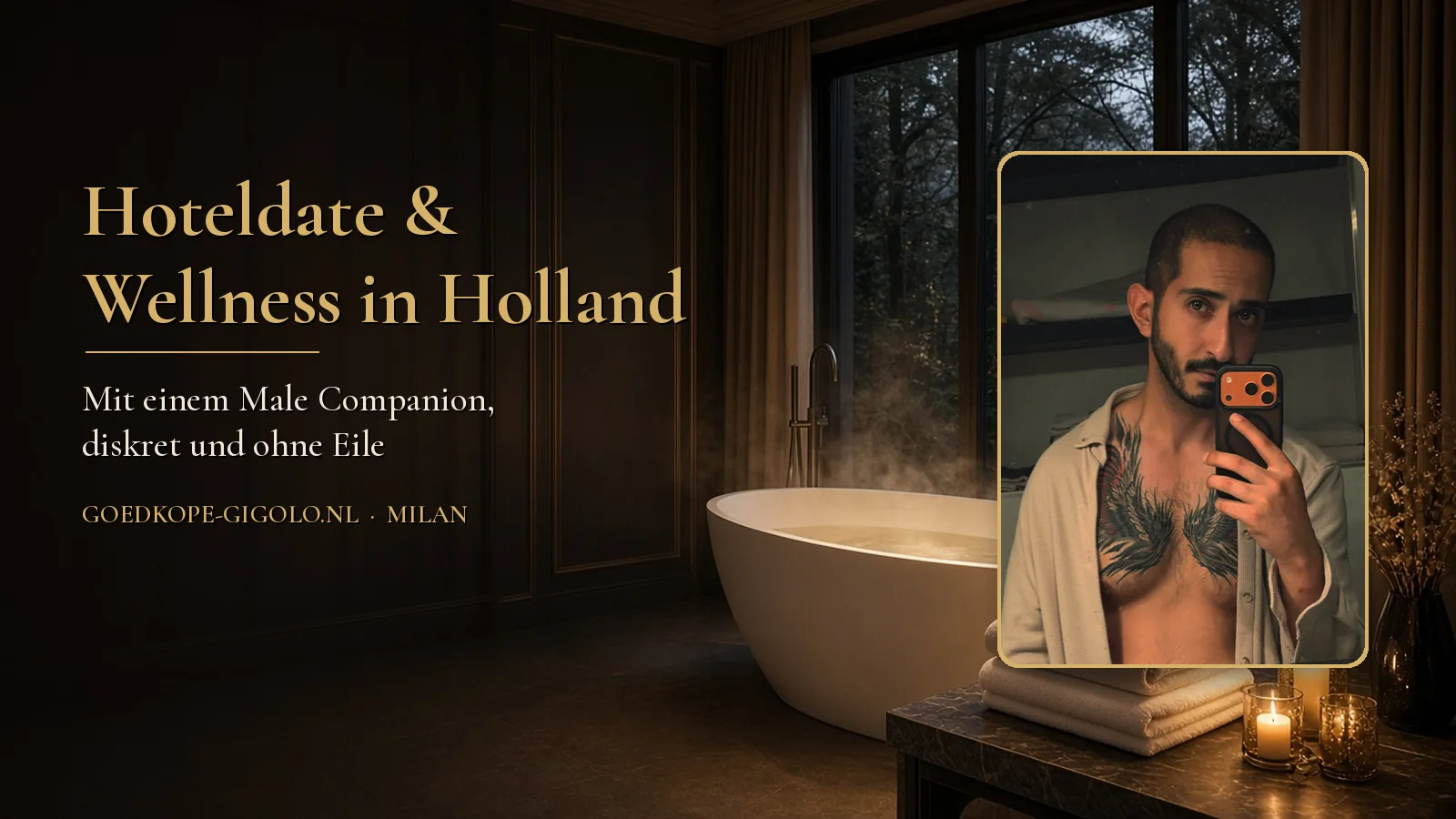 Male Companion Milan im offenen Hemd, Spiegel-Selfie, vor einer Wellness-Suite mit freistehender Badewanne und Kerzen