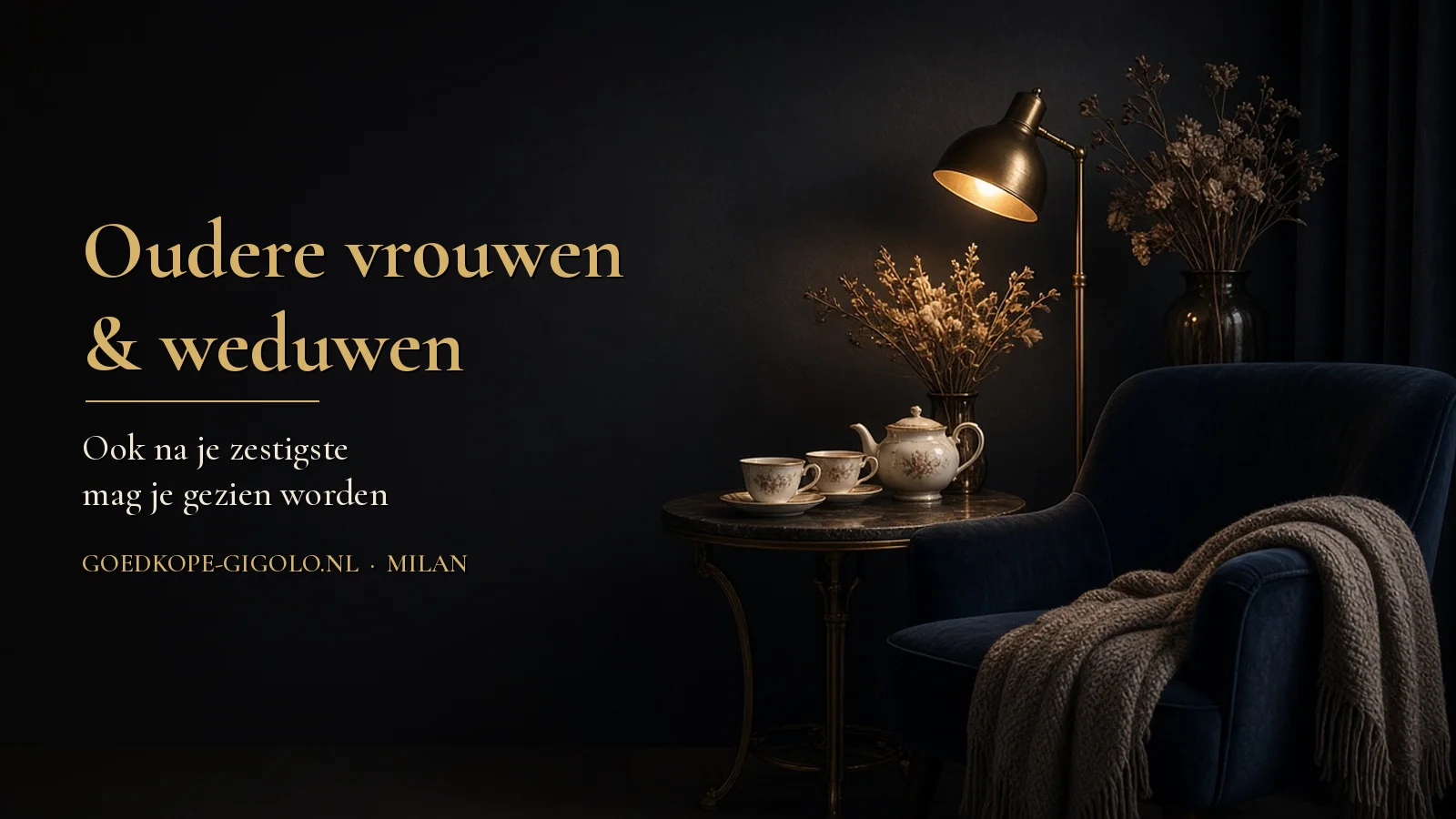 Warme kamer met theekopjes, een leeslamp en een fauteuil – Milan voor oudere vrouwen en weduwen